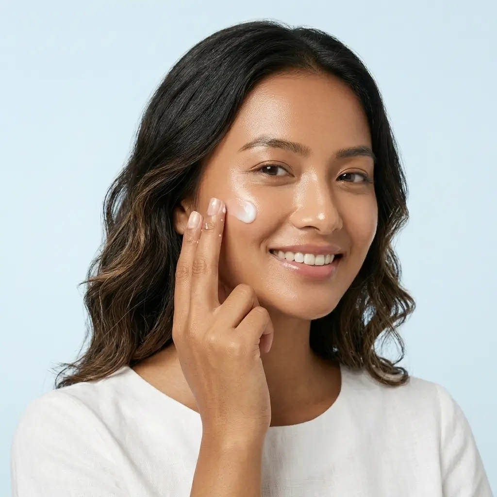 Model showcasing glowing skin product at Beauty Bee Store online beauty shop
